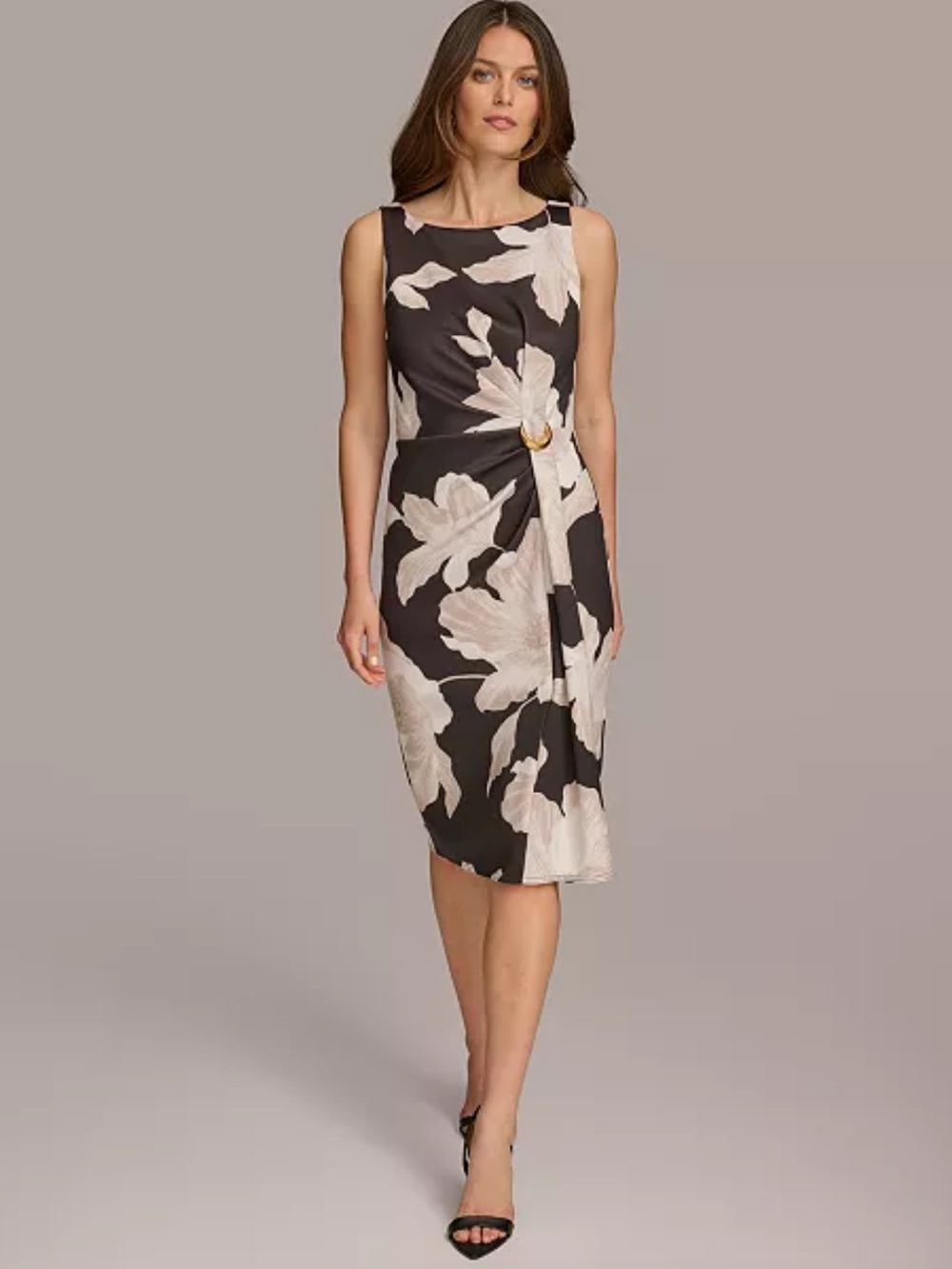 Donna Karan Size 4 Floral Side Ruched Knee Length Scuba Knit Dress NWT Black